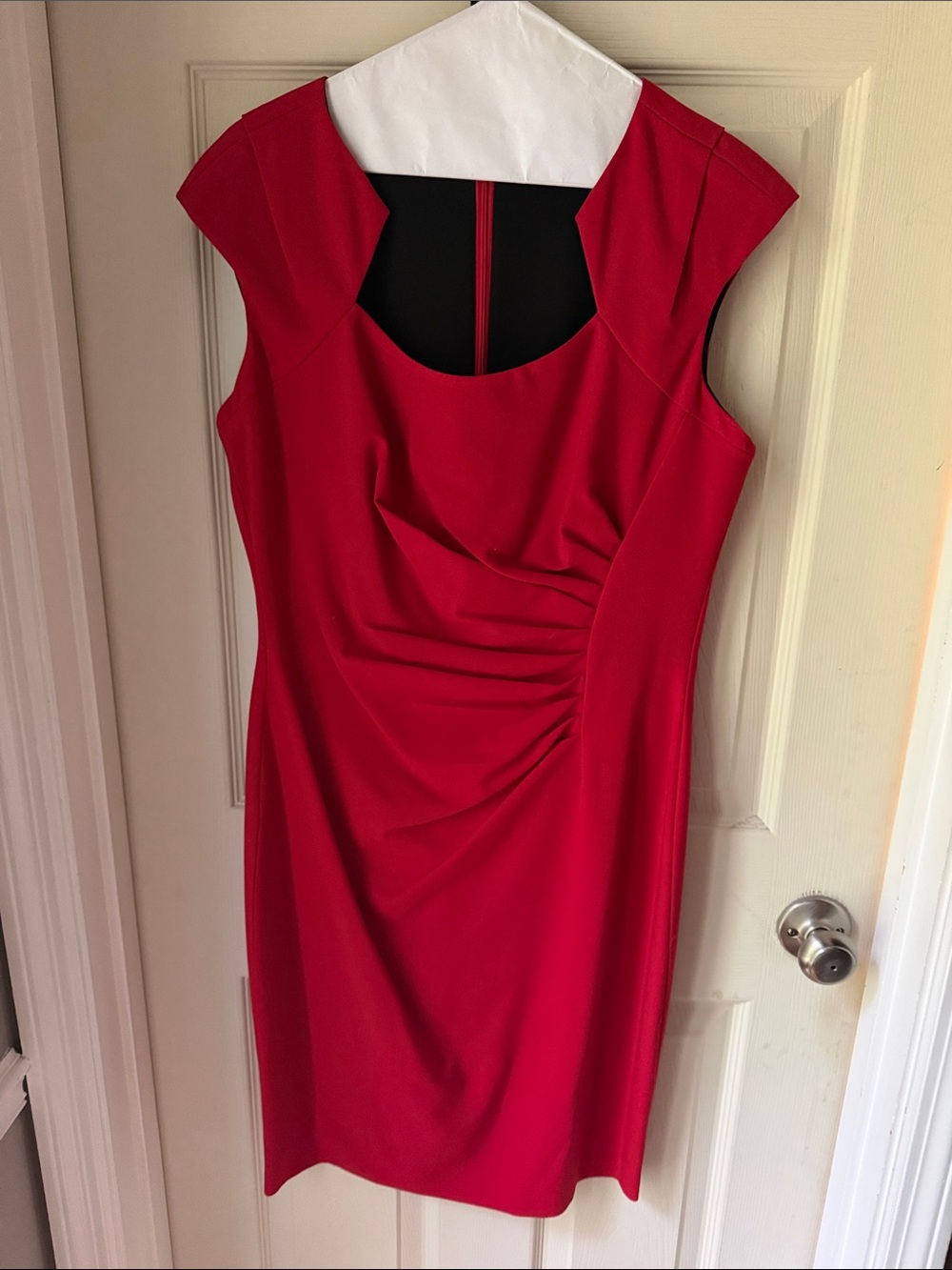 Calvin Klein Red Ruched Scoop Neck Midi Dress